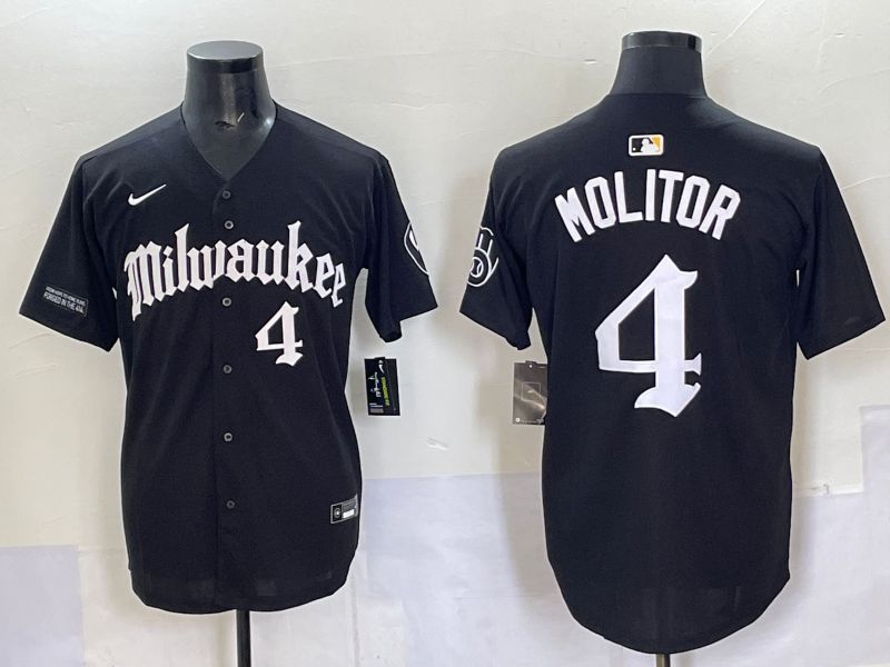 Men 2025 Milwaukee Brewers #4 Molitor Black Five generations Joint Name Nike MLB Jersey style 10